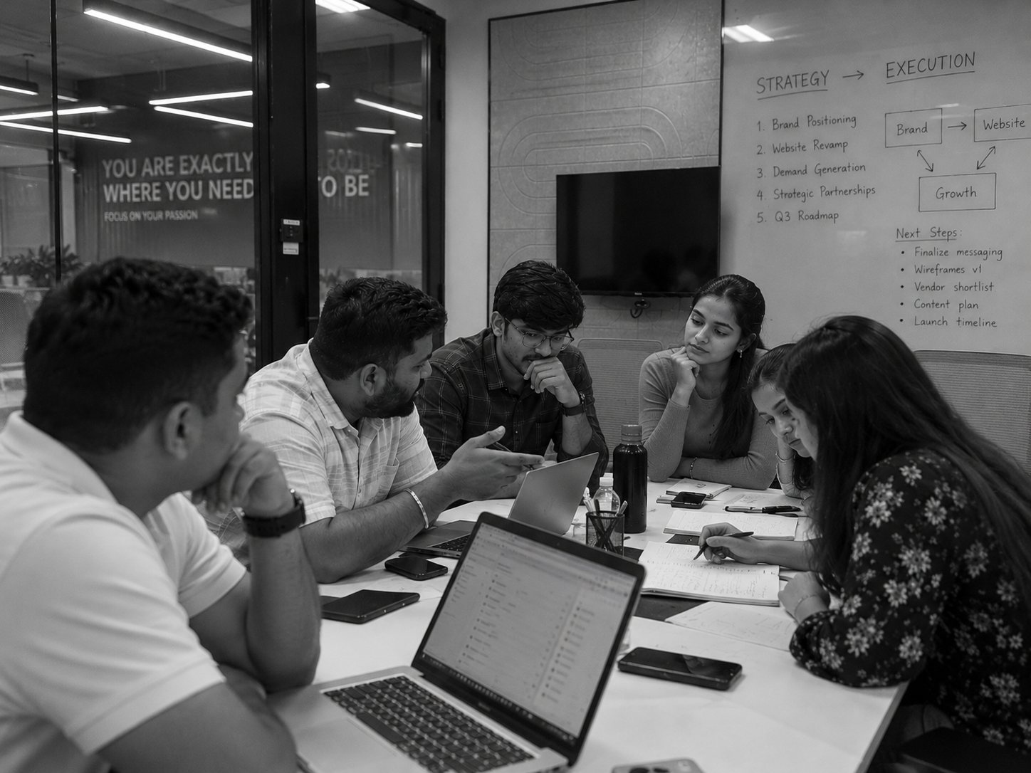 Team brainstorming around a meeting table with a strategy whiteboard behind them