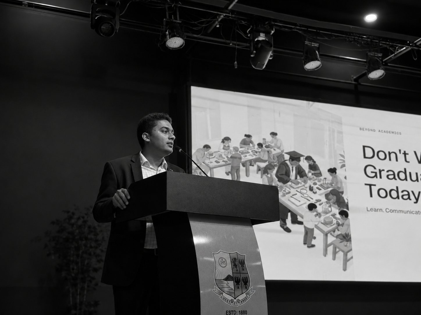 Founder speaking into a microphone at a podium
